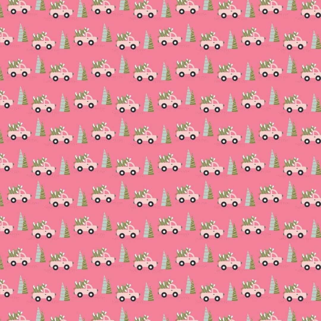 Poppie Cotton Snuggle Up Buttercup Fabric Collection Trucks & Trees on Pink Premium 100% Cotton Quilt Shop Quality Fabrics