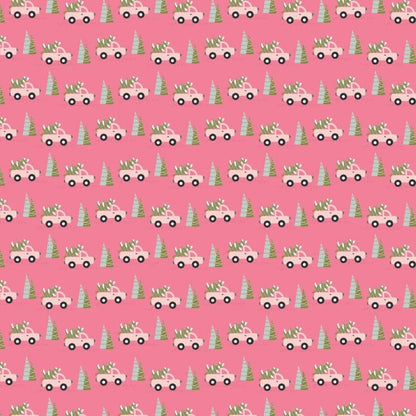 Poppie Cotton Snuggle Up Buttercup Fabric Collection Trucks & Trees on Pink Premium 100% Cotton Quilt Shop Quality Fabrics