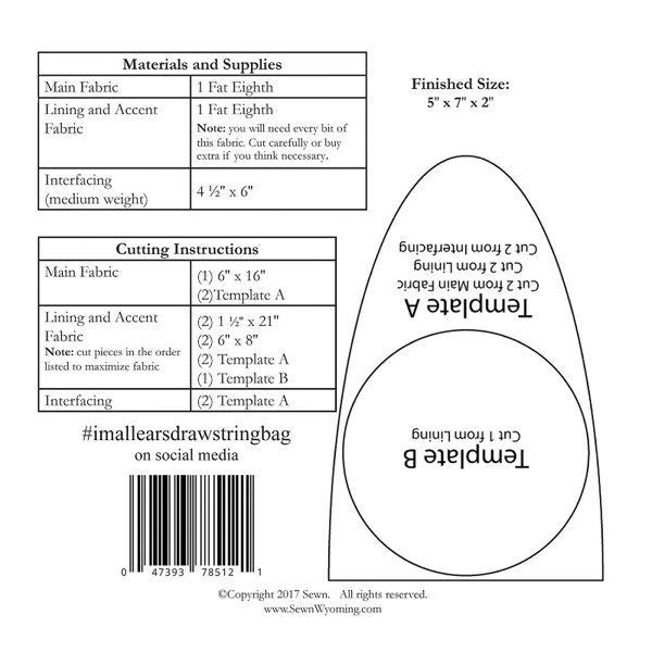 Sewn Wyoming I'm All Ears Pattern Drawstring Bag Finished Size: 5"x7"x2"