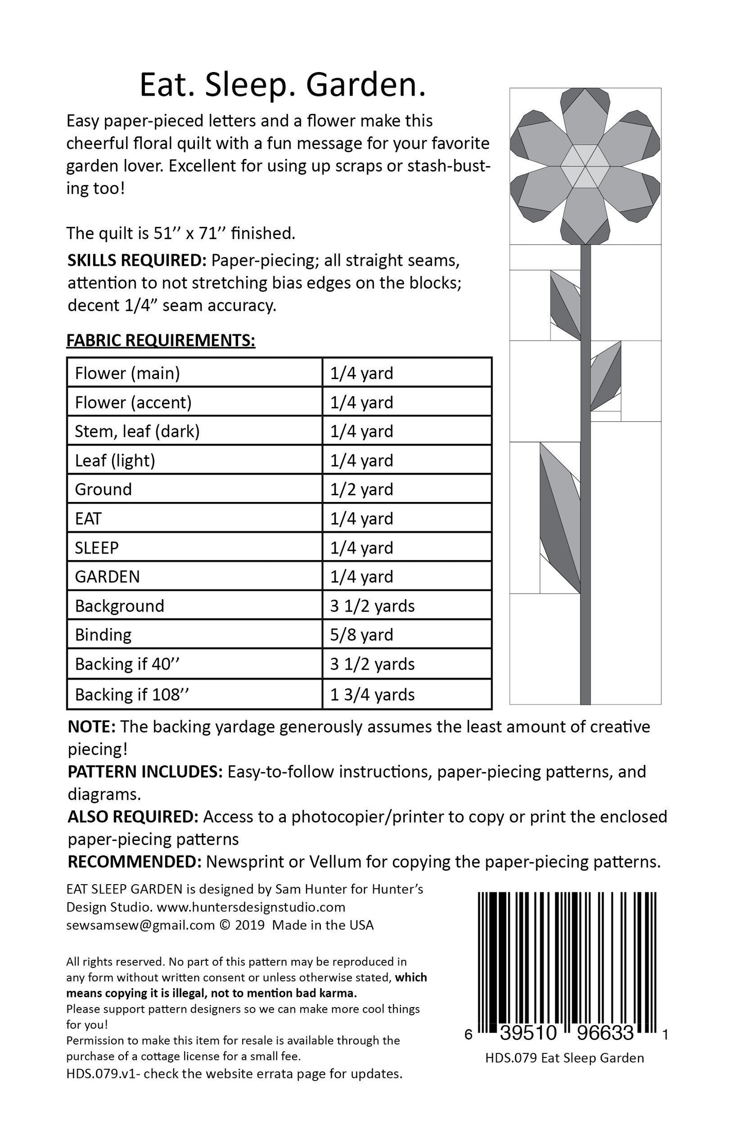 Hunter's Design Studio Eat. Sleep. Garden. Quilt Pattern Finished Size 50"x71"