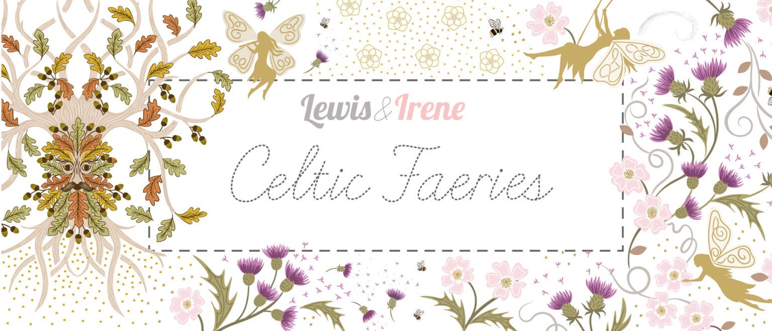 Lewis & Irene Celtic Fairies Fabric Collection Gold Metallic Fairies on Dark Cream Premium 100% Cotton Quilt Shop Quality Fabrics