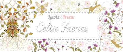 Lewis & Irene Celtic Fairies Fabric Collection Gold Metallic Thistle and Bee on Natural Premium 100% Cotton Quilt Shop Quality Fabrics