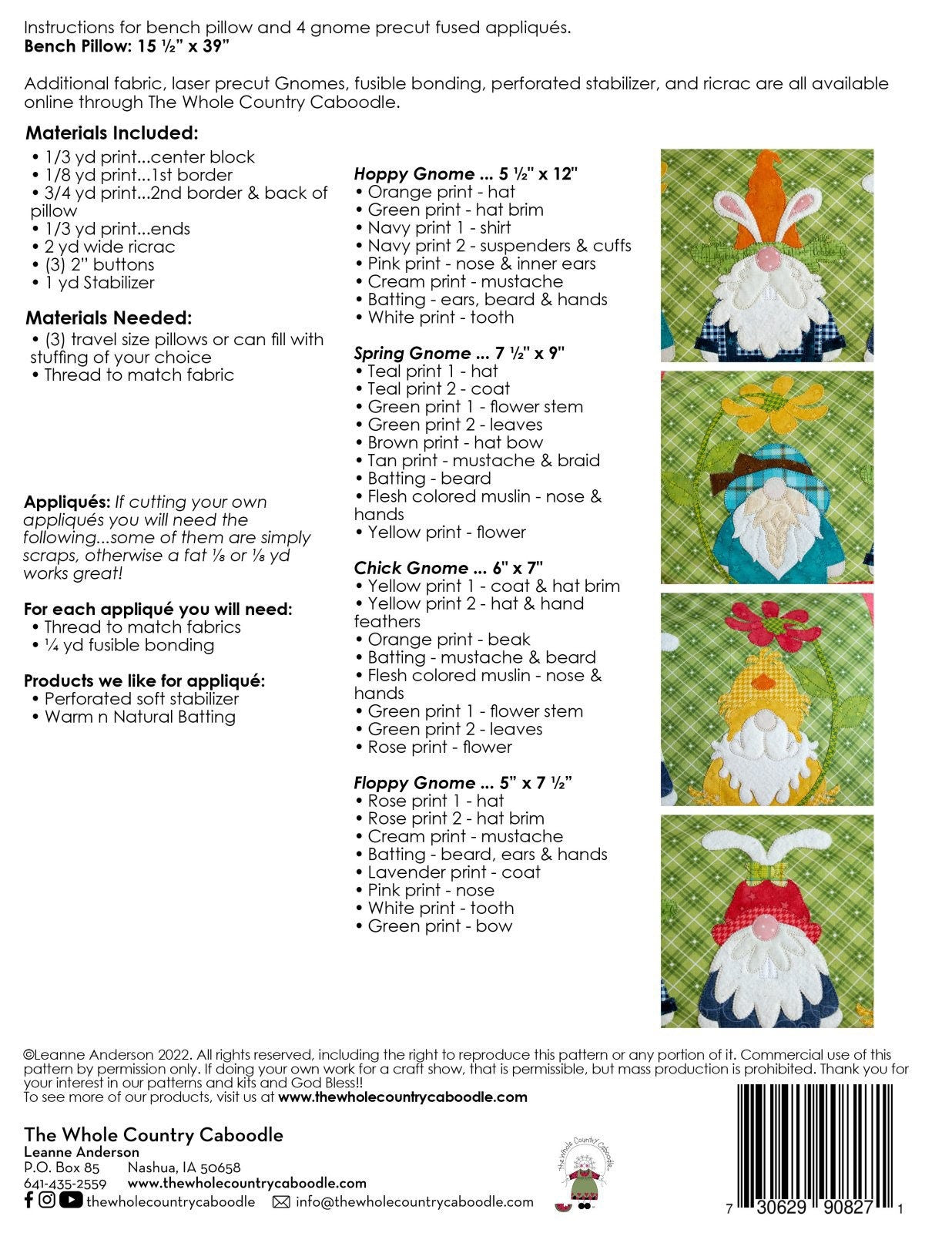 The Whole Country Caboodle Spring Gnomes Bench Pillow Precut Pack Pattern Finished Size: 15-1/2"x39"