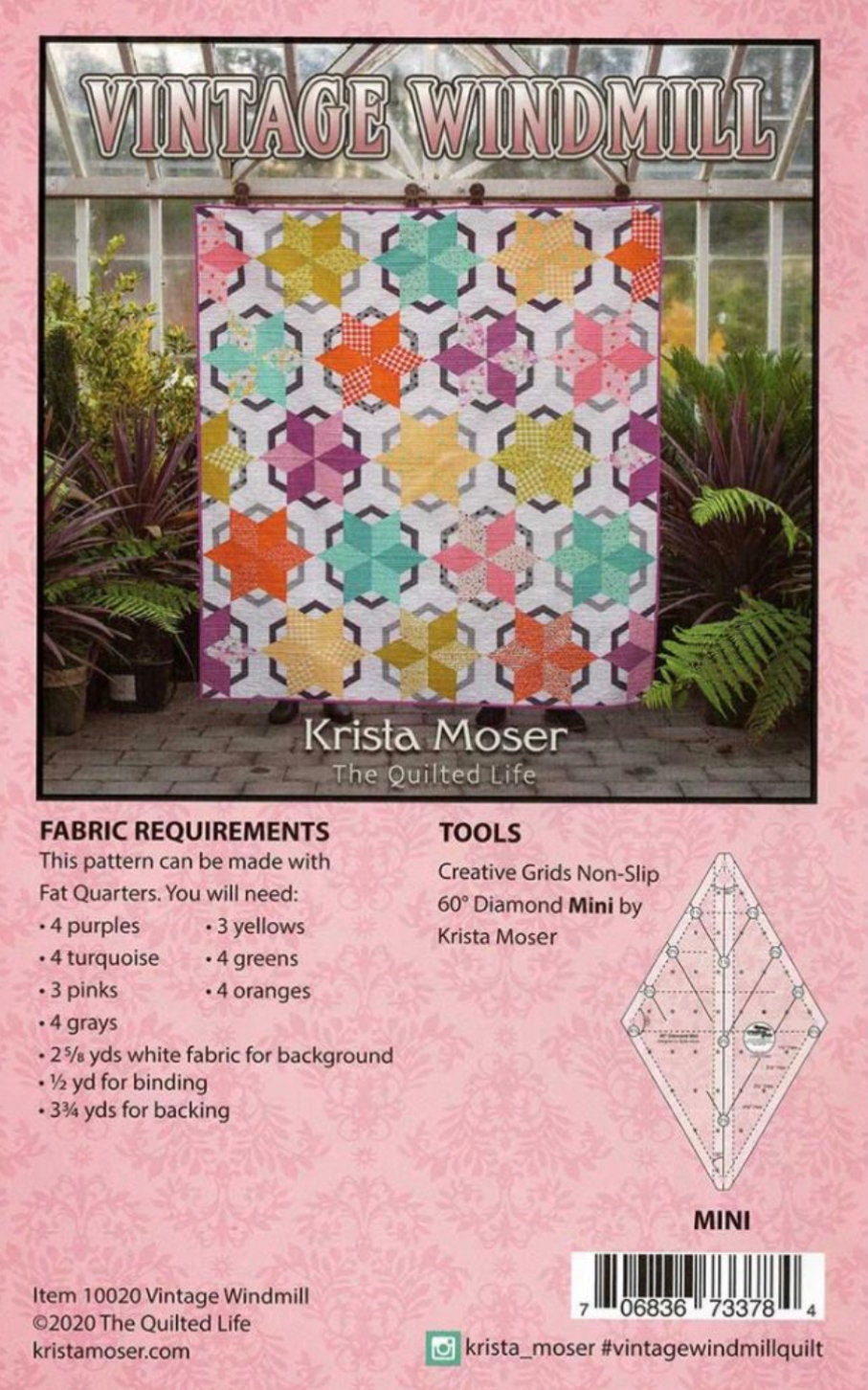 The Quilted Life Vintage Windmill Quilt Pattern Finished Size: 63"x68" (Optional 60-degree Ruler Available)