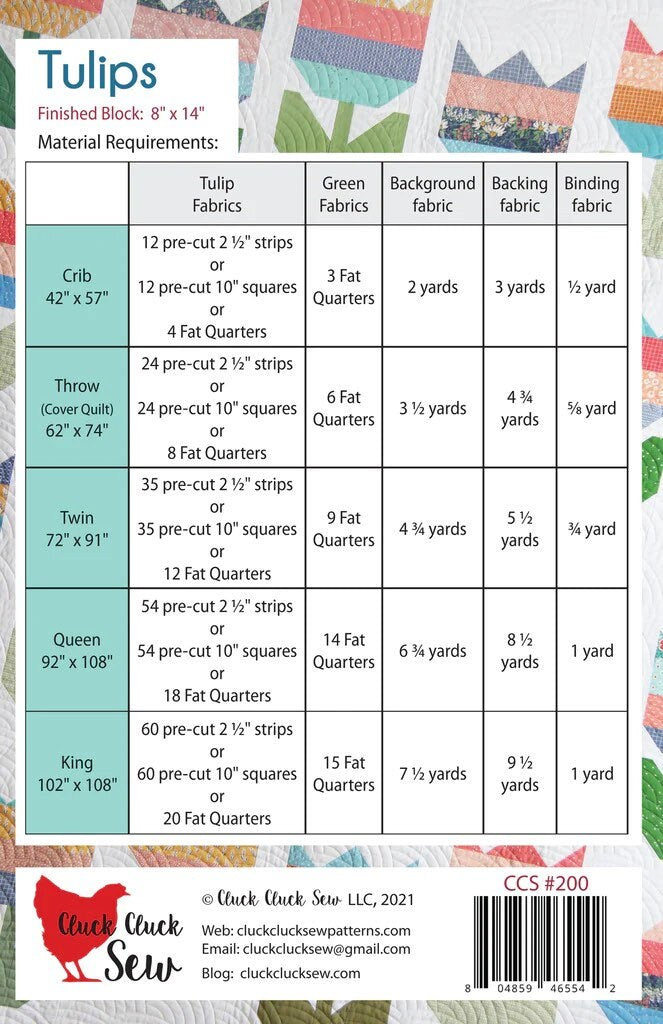 Cluck Cluck Sew Tulips Quilt Pattern (5 Size Variations Per Pattern)