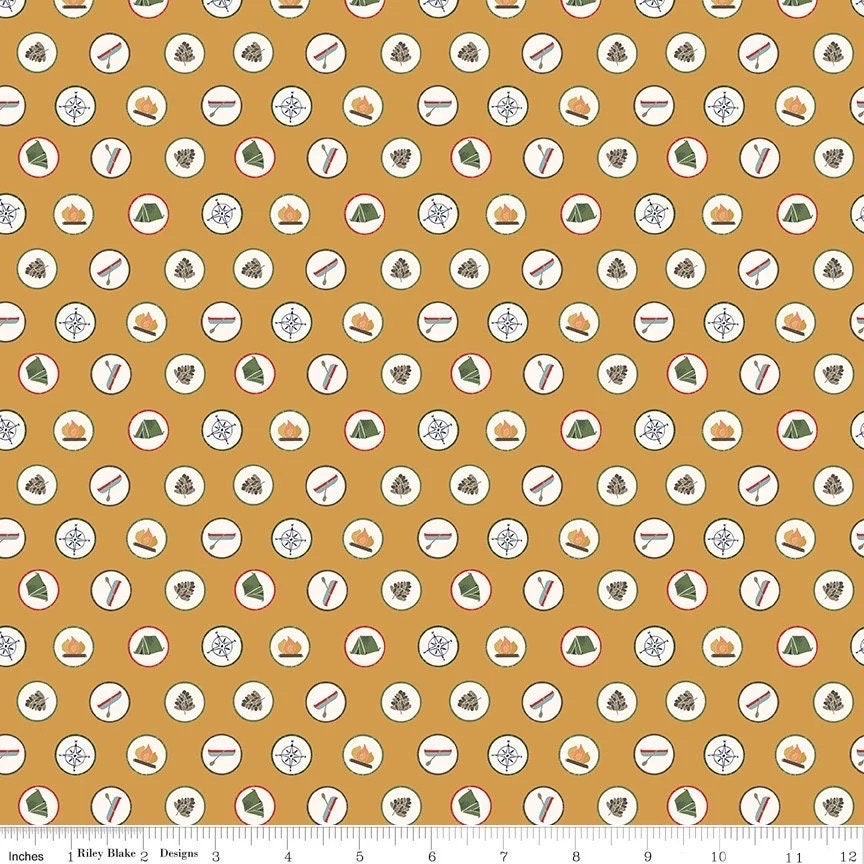 Riley Blake Love You S'more Fabric Collection Badges on Gold Premium 100% Cotton Quilt Shop Quality Fabrics