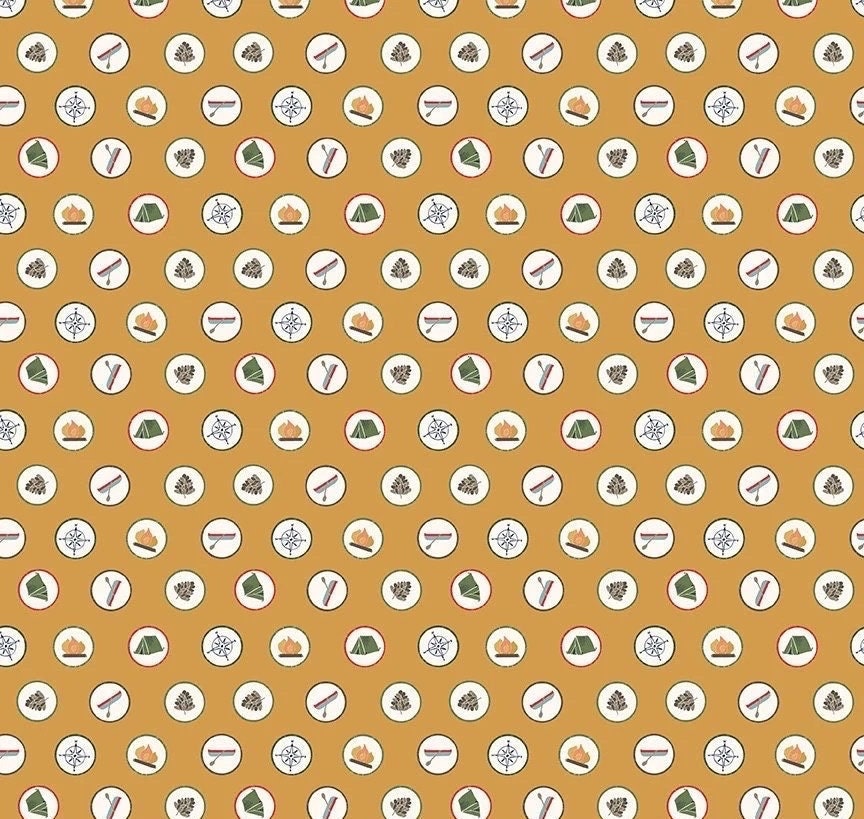 Riley Blake Love You S'more Fabric Collection Badges on Gold Premium 100% Cotton Quilt Shop Quality Fabrics