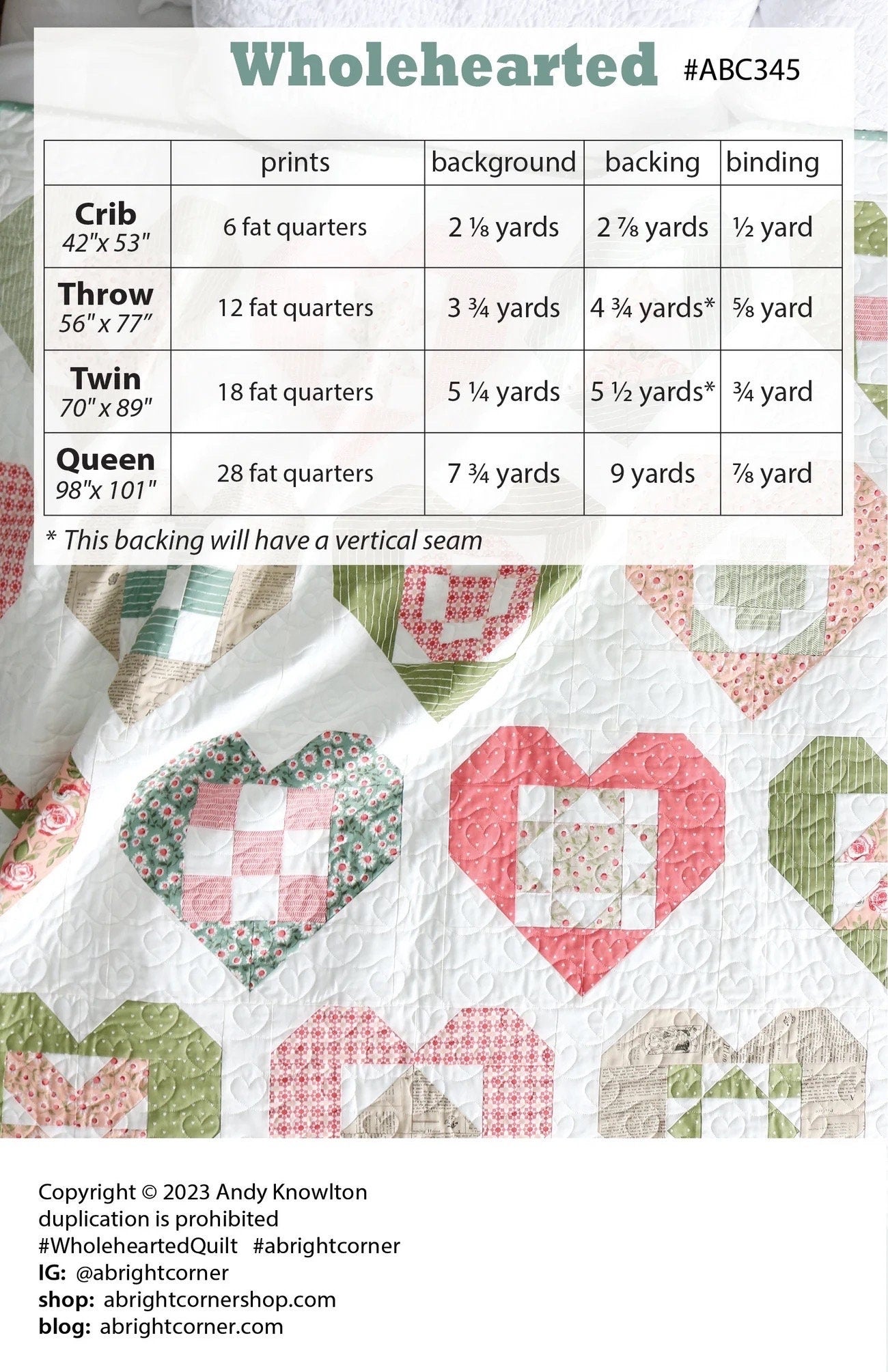 A Bright Corner Wholehearted Quilt Pattern (4 Size Variations Per Pattern)