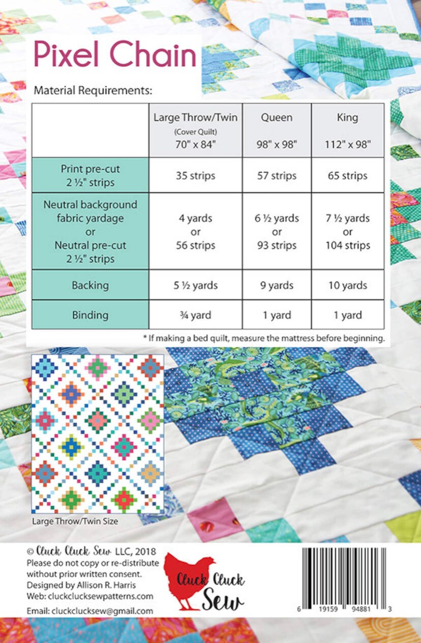 Cluck Cluck Sew Pixel Chain Quilt Pattern (3 Size Variations Per Pattern)