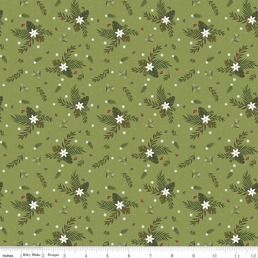 LAST BOLT! Riley Blake Silent Night Fabric Collection Olive Branch on Sprig Sparkle Premium 100% Cotton Quilt Shop Quality Fabrics