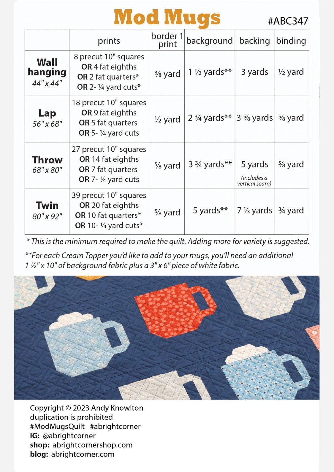 A Bright Corner Mod Mugs Quilt Pattern (4 Size Variations Per Pattern)