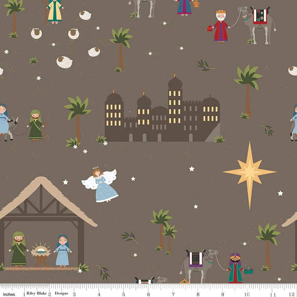 LAST BOLT! Riley Blake Silent Night Fabric Collection Bethlehem Nativity Main Print on Stone Sparkle Premium 100% Cotton Fabrics