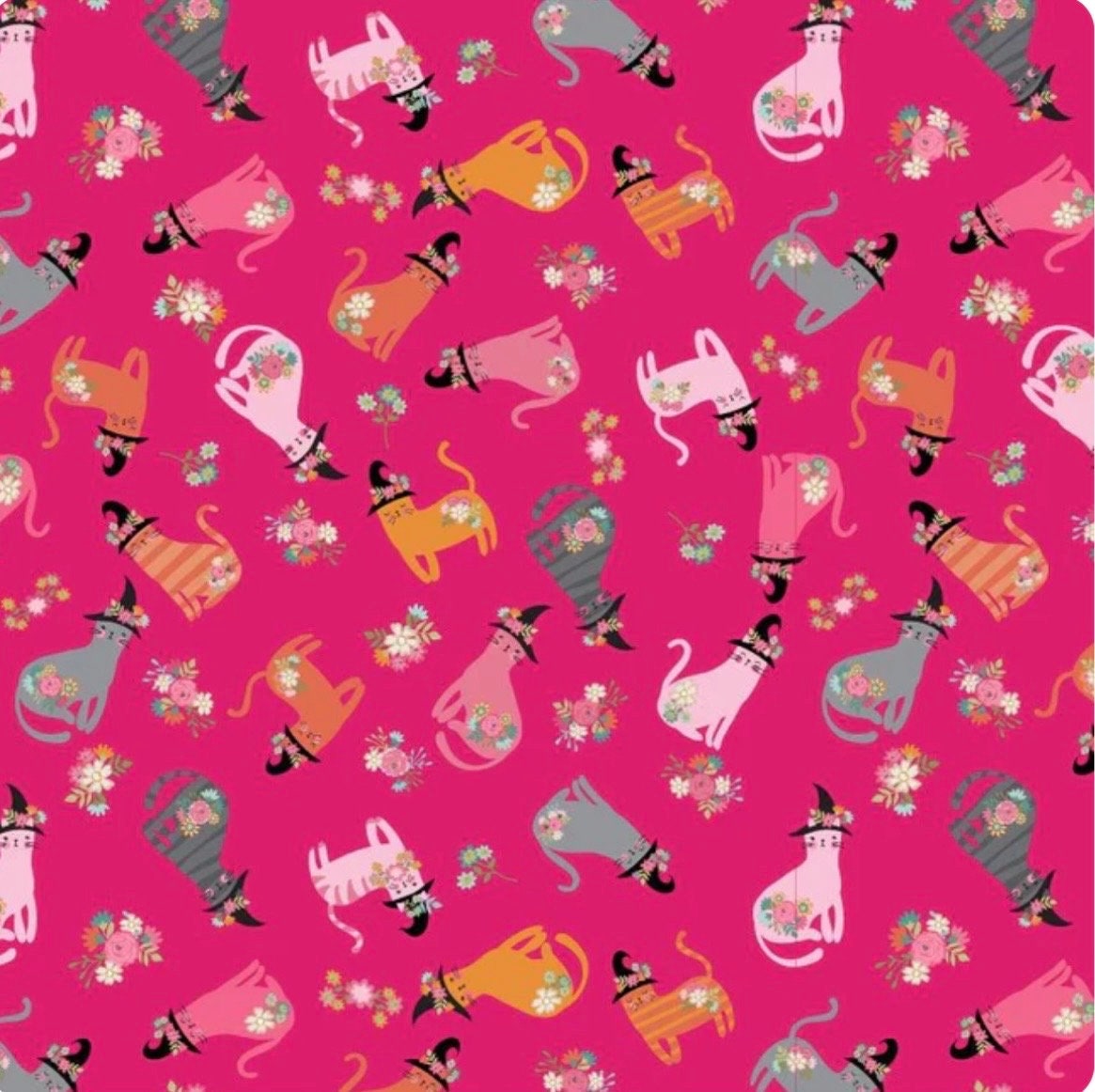 Poppie Cotton Kitty Loves Candy Fabric Collection Cats & Hats on Pink Premium 100% Quilt Shop Quality Cotton Fabrics