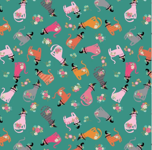 Poppie Cotton Kitty Loves Candy Fabric Collection Cats & Hats on Teal Premium 100% Quilt Shop Quality Cotton Fabrics