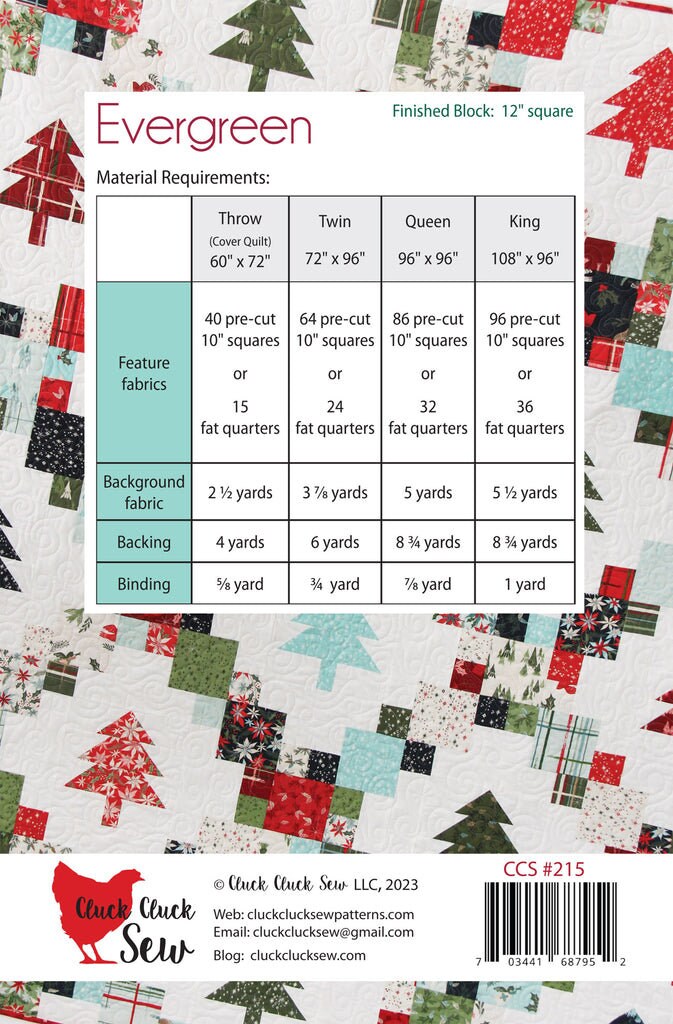 Cluck Cluck Sew Evergreen Quilt Pattern (4 Size Variations Per Pattern)