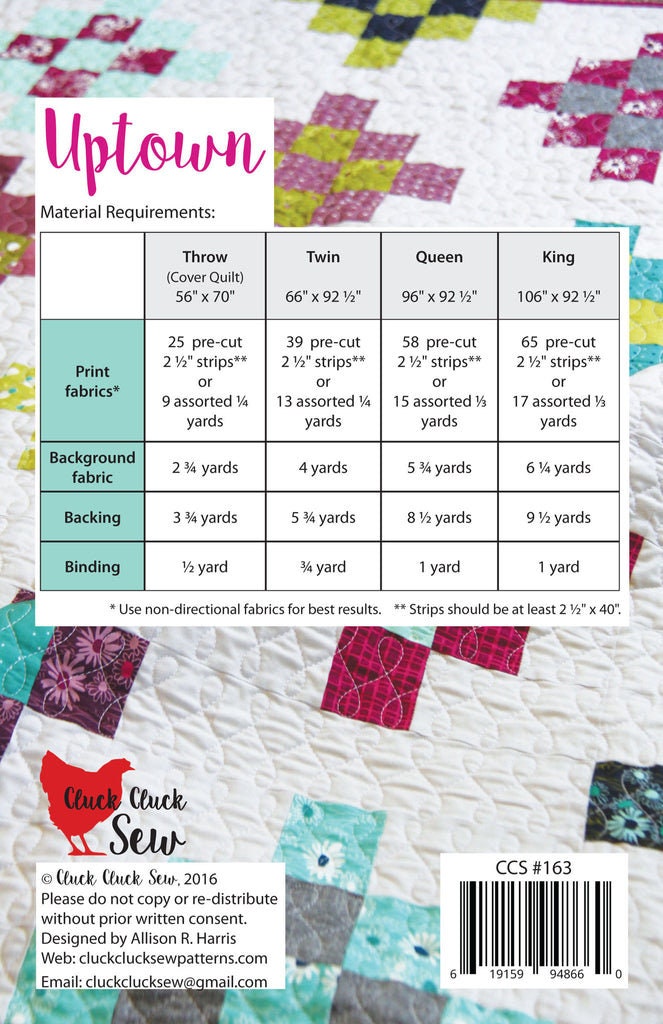 Cluck Cluck Sew Uptown Quilt Pattern (4 Size Variations Per Pattern)