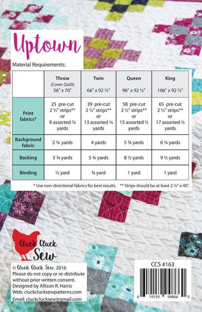 Cluck Cluck Sew Uptown Quilt Pattern (4 Size Variations Per Pattern)