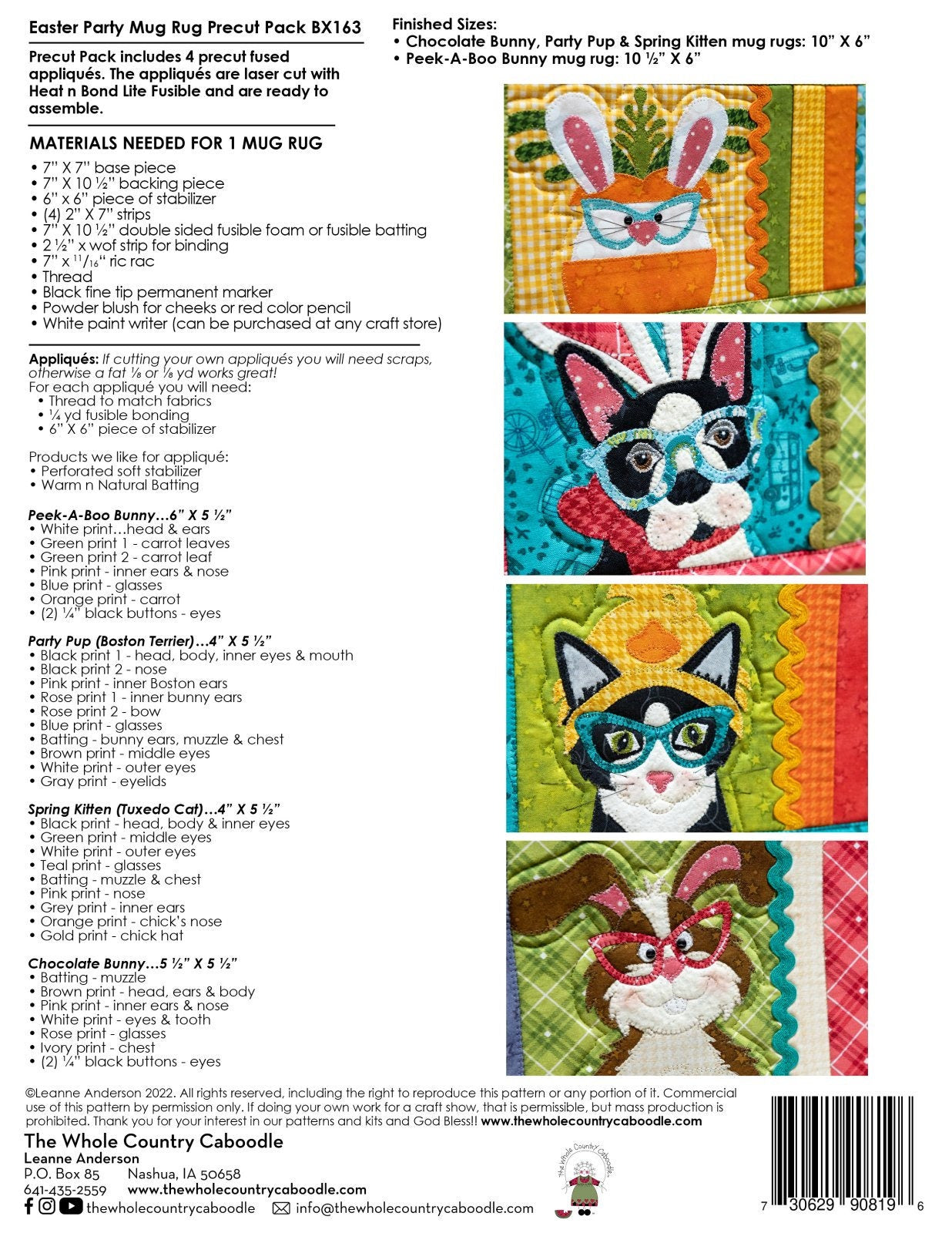 LAST ONE!! The Whole Country Caboodle Easter Party Mug Rug Precut Pack Pattern Finished Size: 10-1/2"x6"