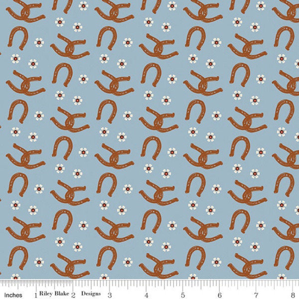 Riley Blake Wild Rose Fabric Collection Horseshoes on Blue Premium 100% Cotton Quilt Shop Quality Fabrics