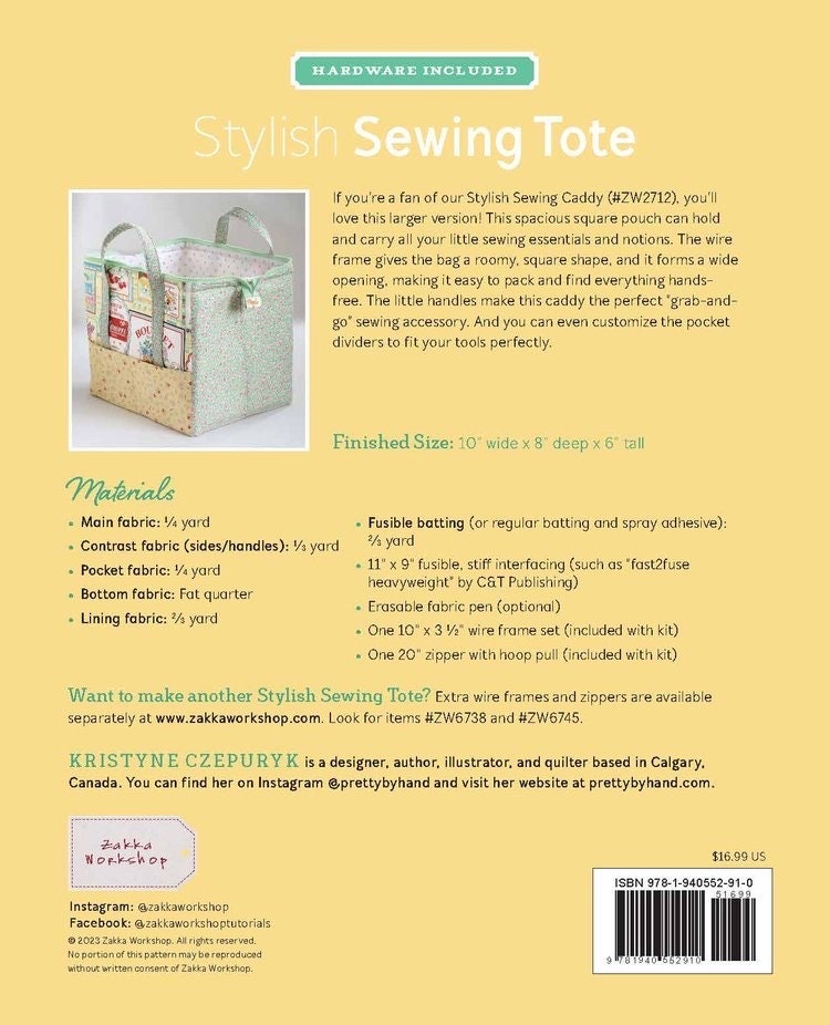 Zakka Workshop Stylish Sewing Tote Pattern Hardware Included Finished Size: 10"x8"x6"