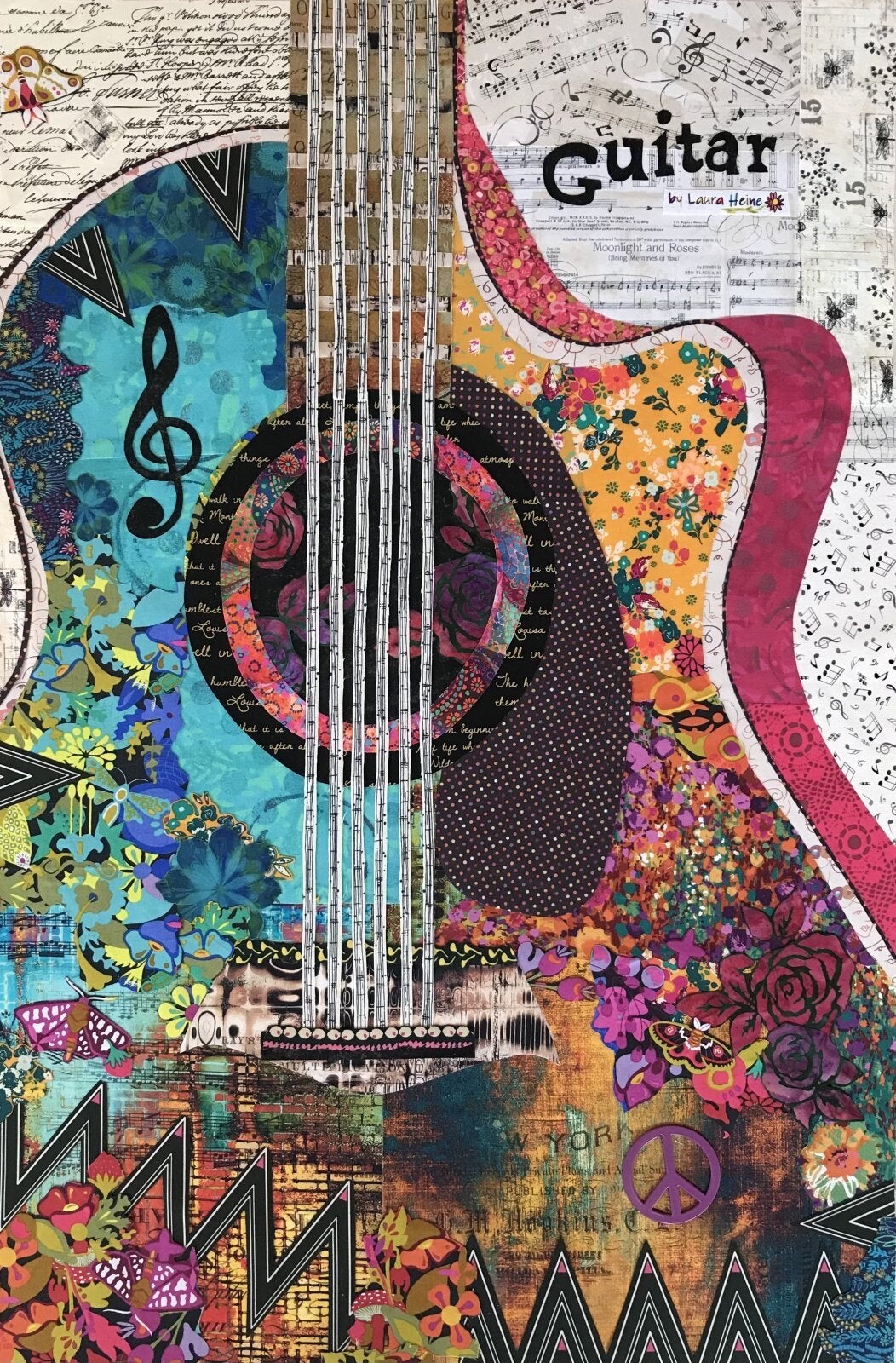 Laura Heine Guitar Collage Wall Quilt Pattern Finished Size: 23"x36"