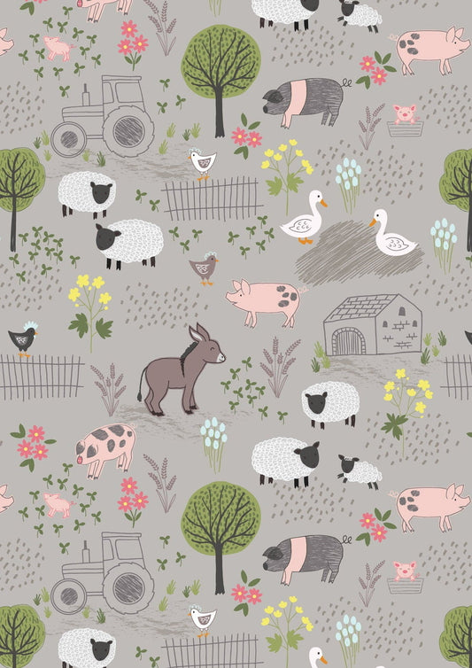 LAST BOLT! Lewis & Irene Piggy Tails Fabric Collection Farmyard on MidGrey Premium 100% Cotton Quilt Shop Quality Fabrics