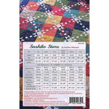 Anka's Treasures Sashiko Stars Quilt Pattern (6 Size Variations Per Pattern)