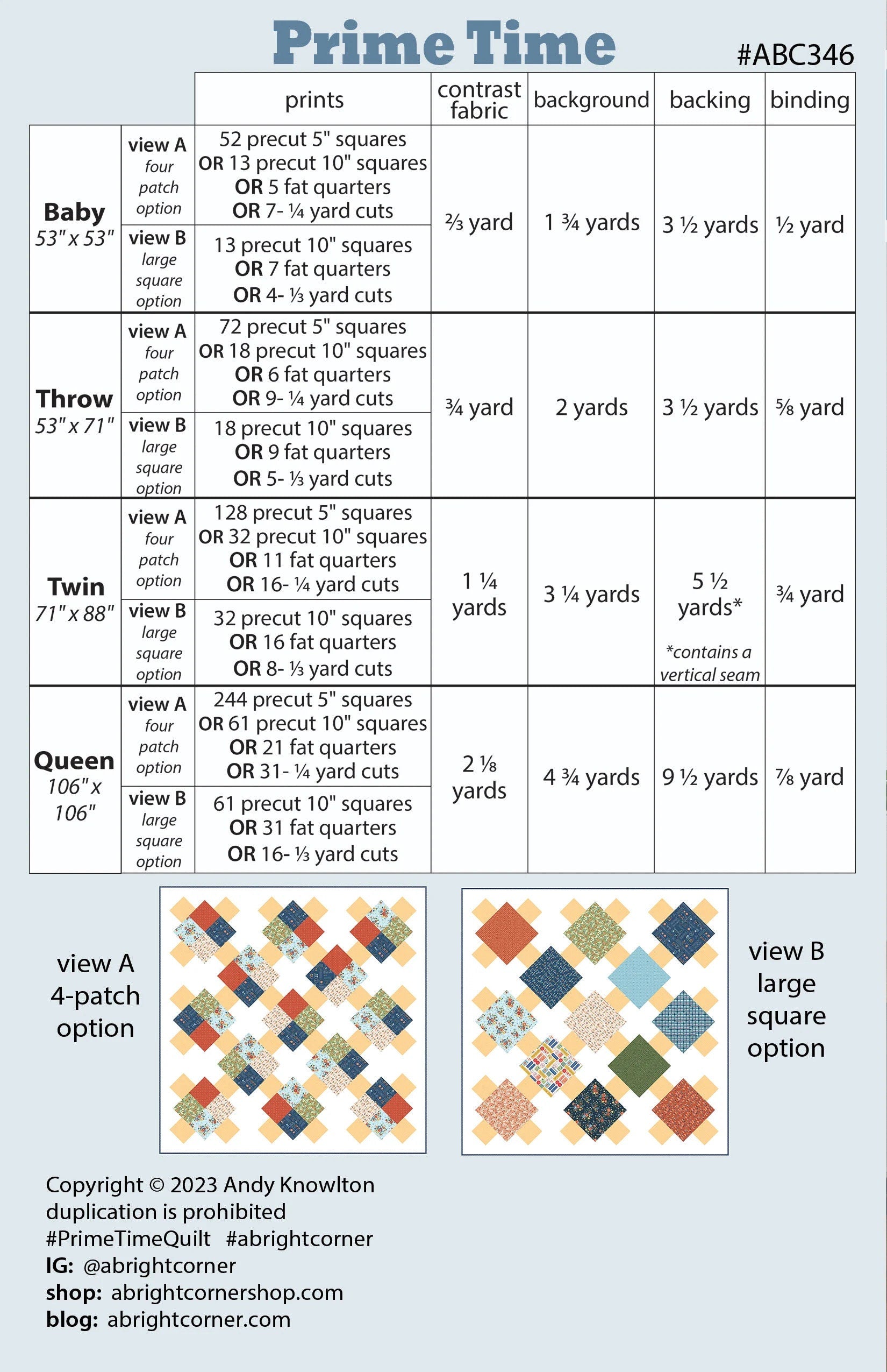 A Bright Corner Prime Time Quilt Pattern (4 Size Variations Per Pattern)