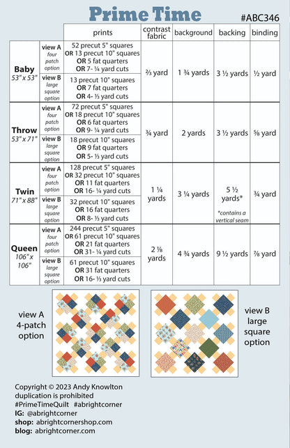 A Bright Corner Prime Time Quilt Pattern (4 Size Variations Per Pattern)