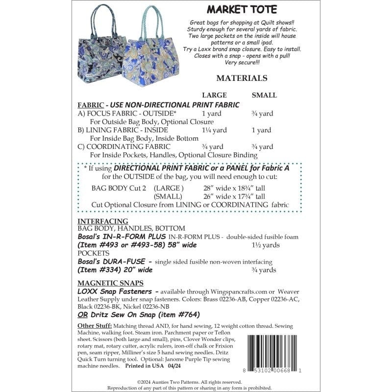 Aunties Two Market Tote Pattern (2 Size Variations Per Pattern)