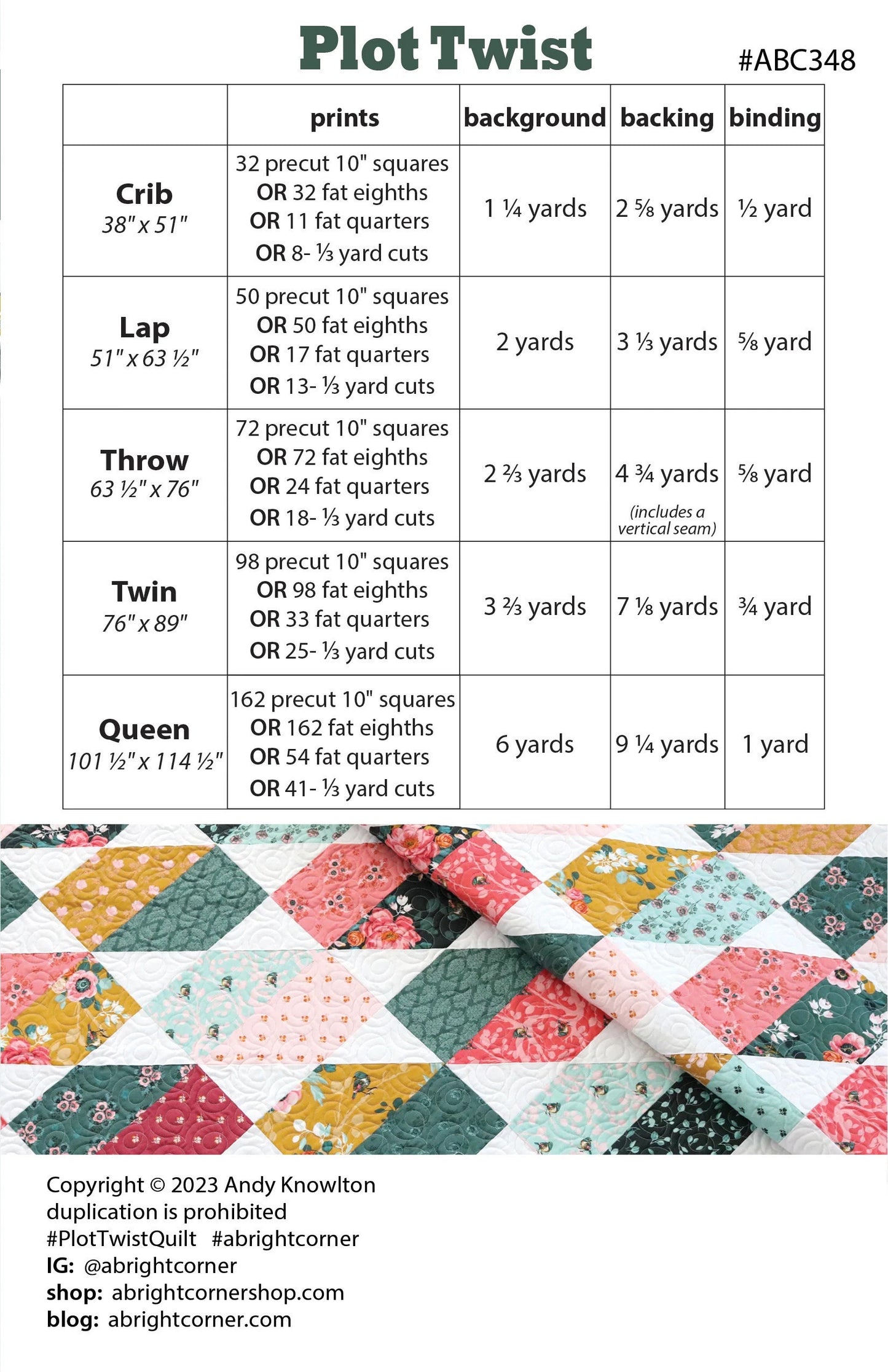 A Bright Corner Plot Twist Quilt Pattern (5 Size Variations Per Pattern)