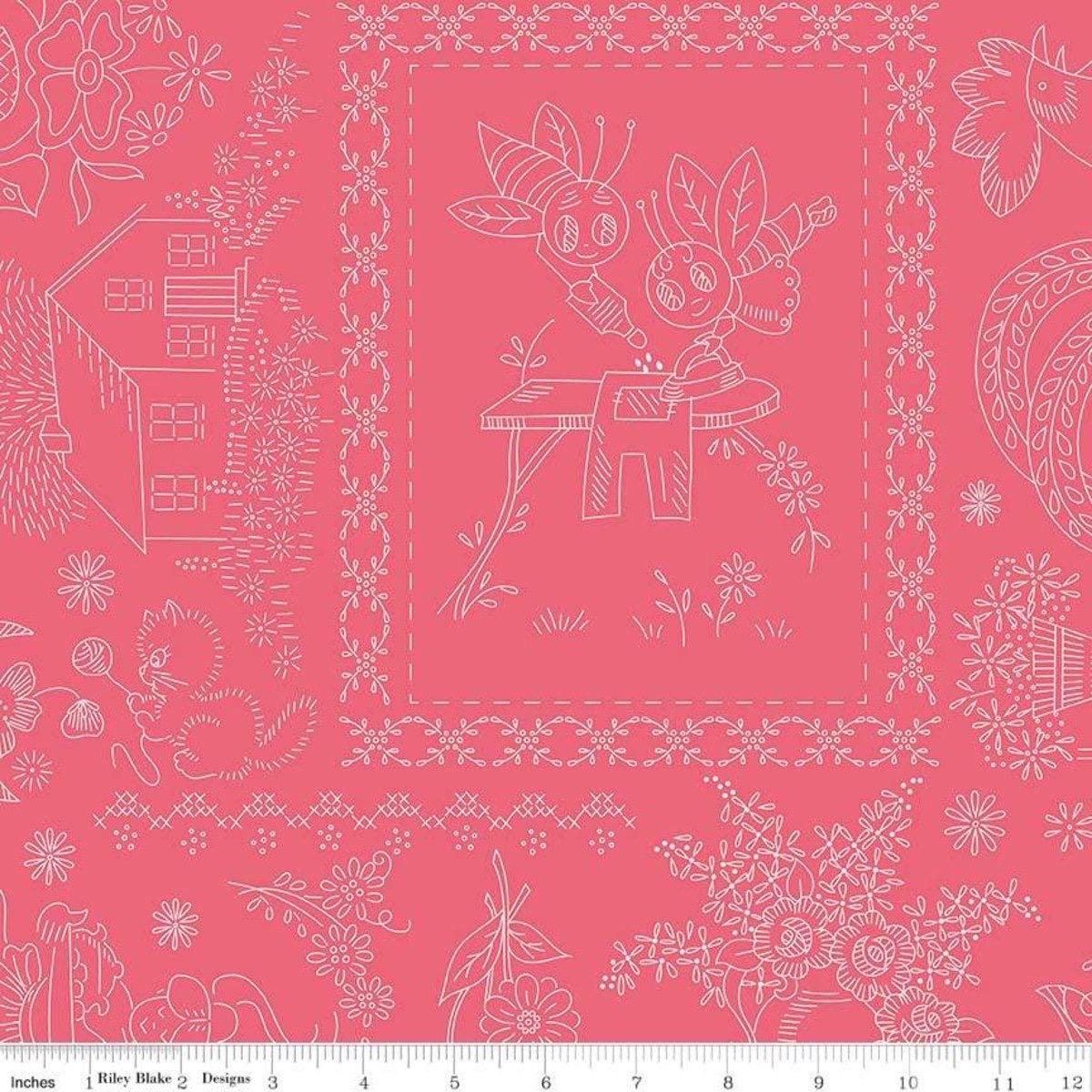 WIDEBACKS! Riley Blake Granny Chic Fabric Collection Vintage Embroidery on Pink  Wideback ( 107"-108" Width) Premium 100% Cotton Fabrics