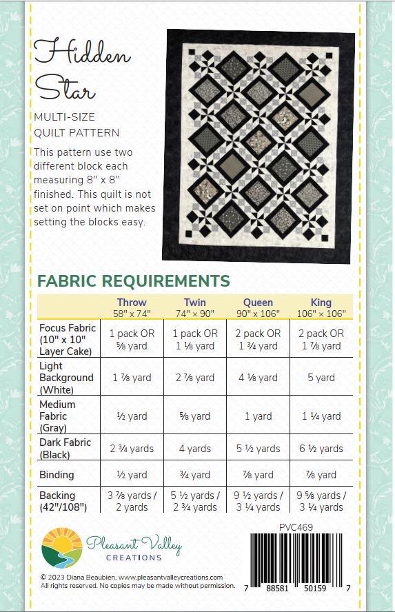 Pleasant Valley Creations Hidden Star Quilt Pattern (4 Size Variations Per Pattern)