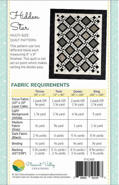 Pleasant Valley Creations Hidden Star Quilt Pattern (4 Size Variations Per Pattern)