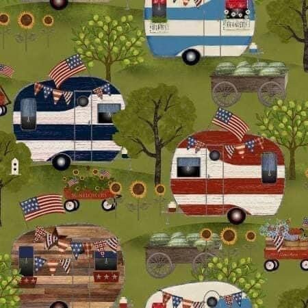 3Wishes Patriotic Summer Fabric Collection Campers on Green