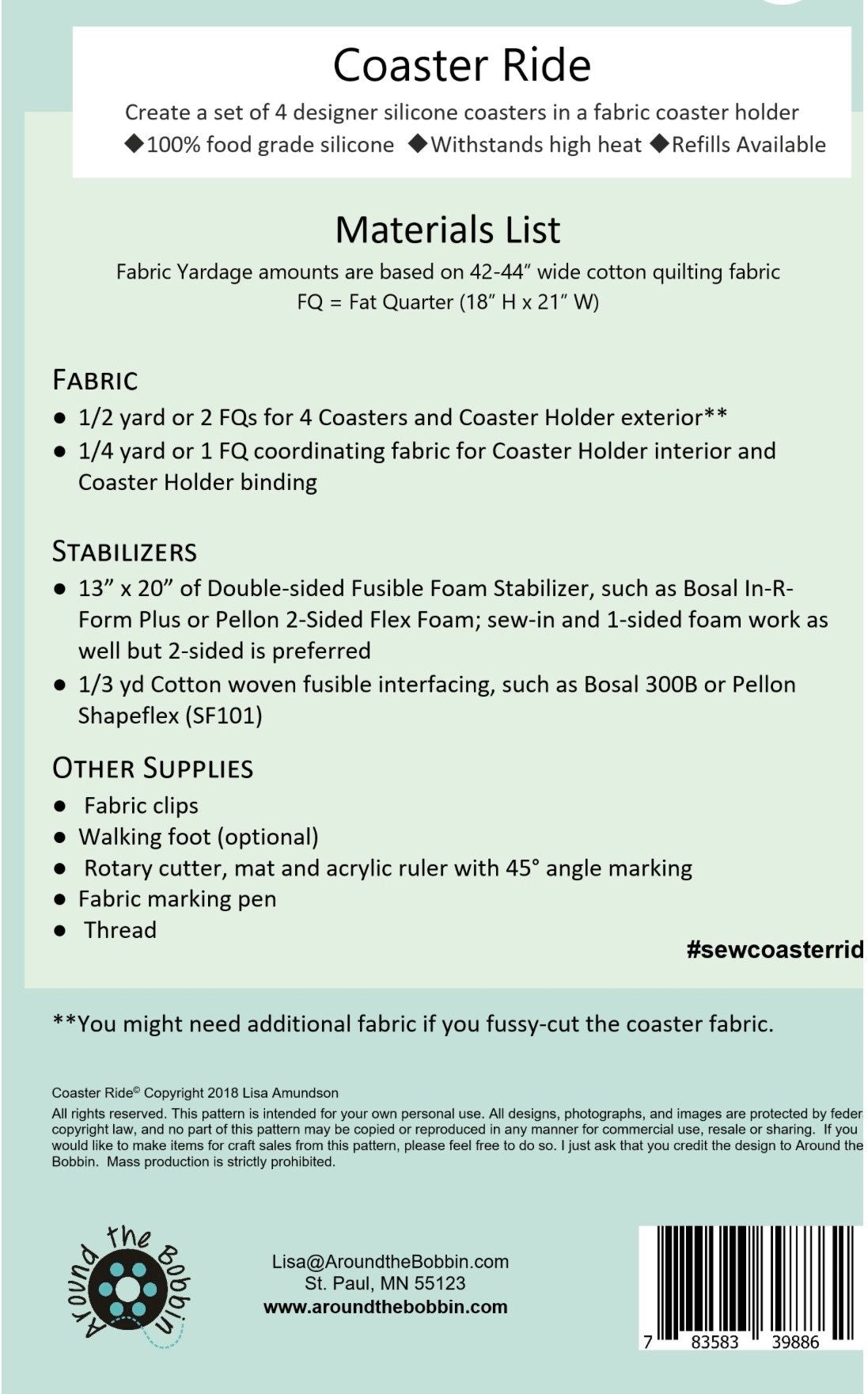 Around The Bobbin Coaster Ride Drink Coaster Pattern (Optional Refills)